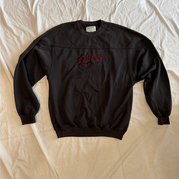 Guess Men's Black Crewneck Sweater with Red Logo